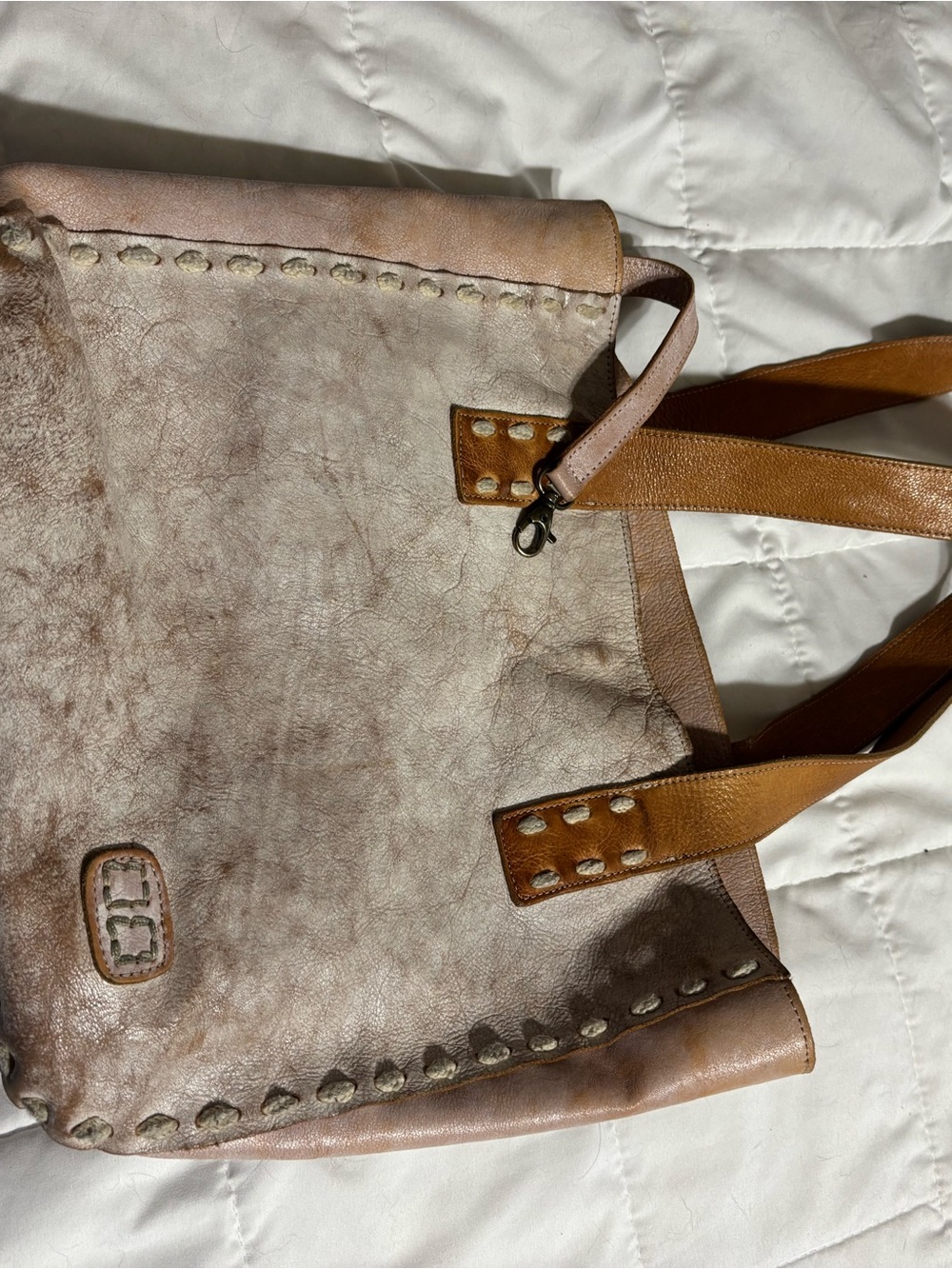 Bed Stu Distressed Taupe Leather Tote with Tan Straps